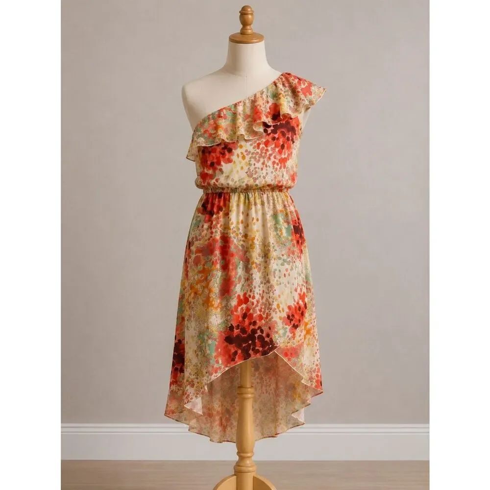 Sequin Hearts Hi Low Floral Dress Red and Orange